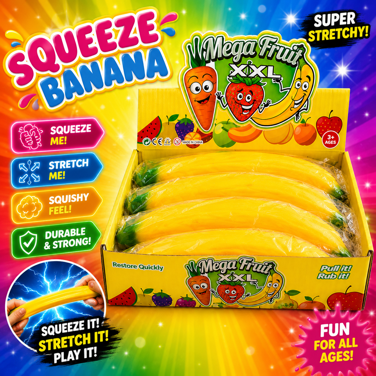 Mega Fruit XXL Squeeze Banana – Super Stretchy Sensory Toy
