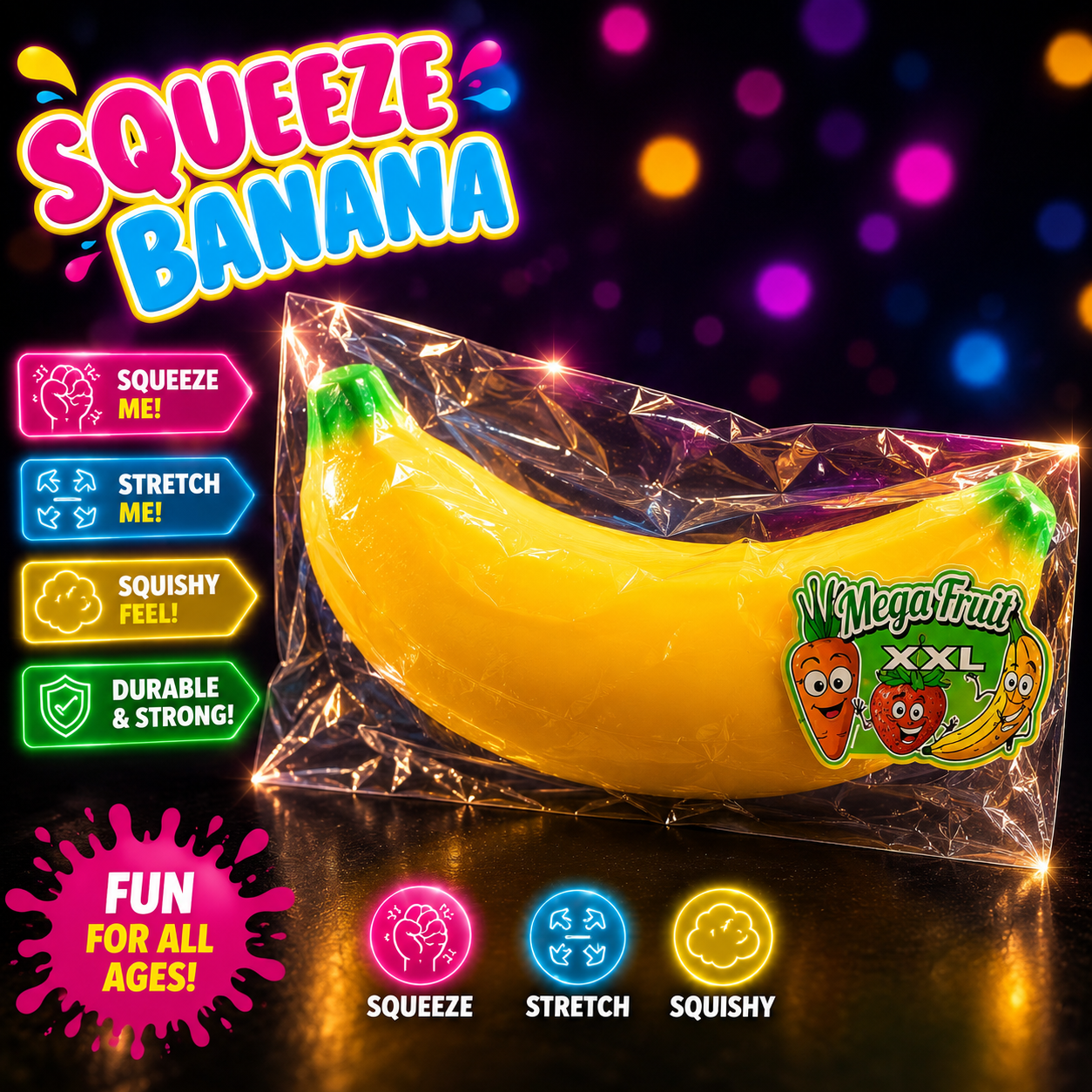Mega Fruit XXL Squeeze Banana – Super Stretchy Sensory Toy