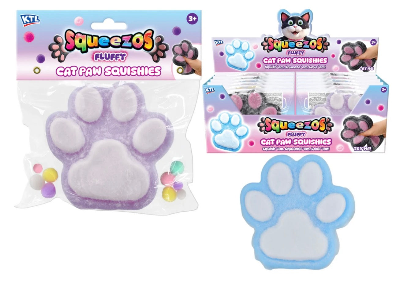 Large Squeezos - Fluffy Cats Paw Squishies With Glitter & Bobbles - Single Pack