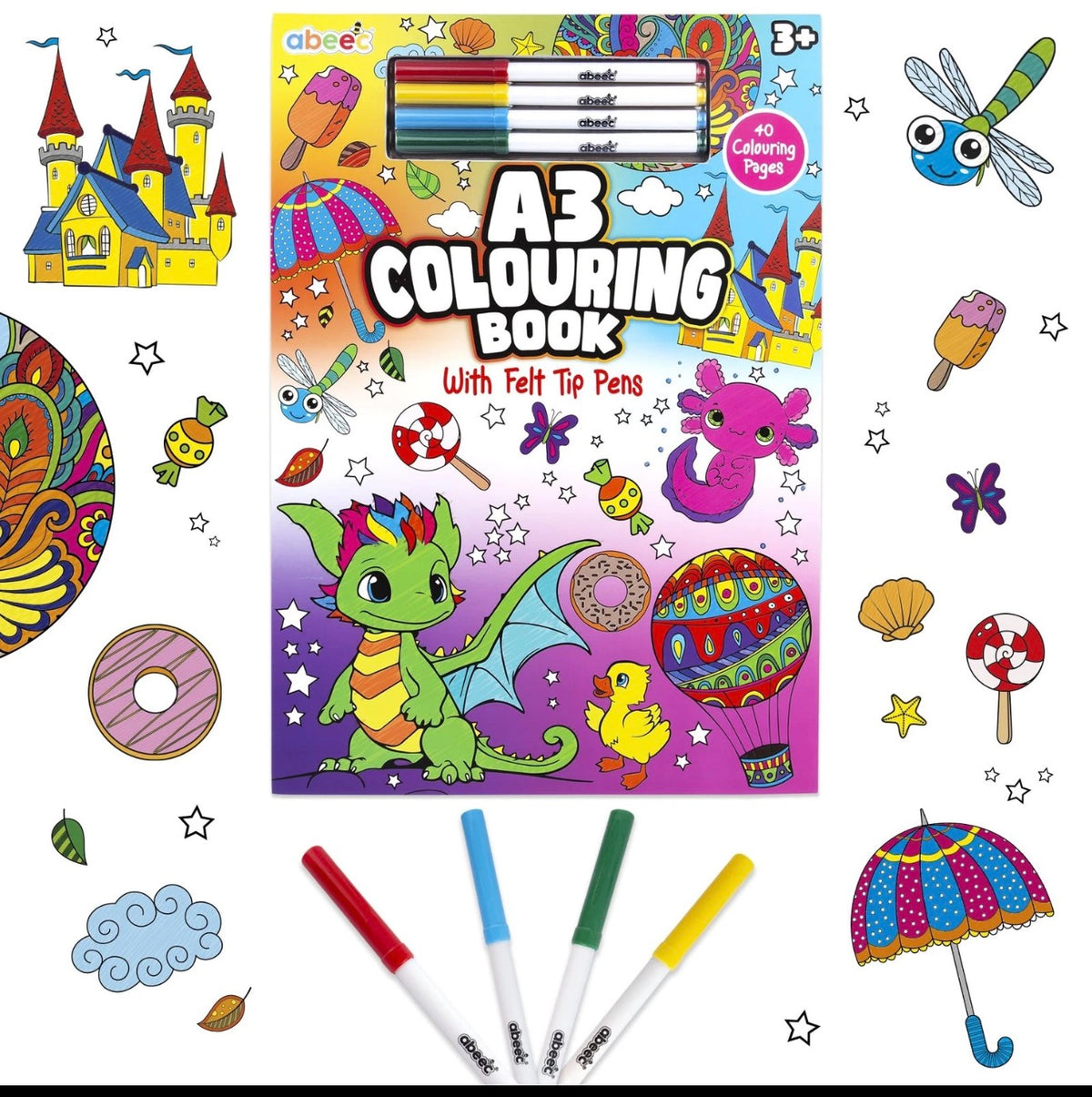 abeec A3 Colouring Book for Children with Felt Tip Pens