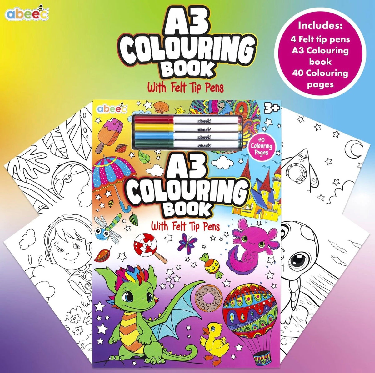 abeec A3 Colouring Book for Children with Felt Tip Pens
