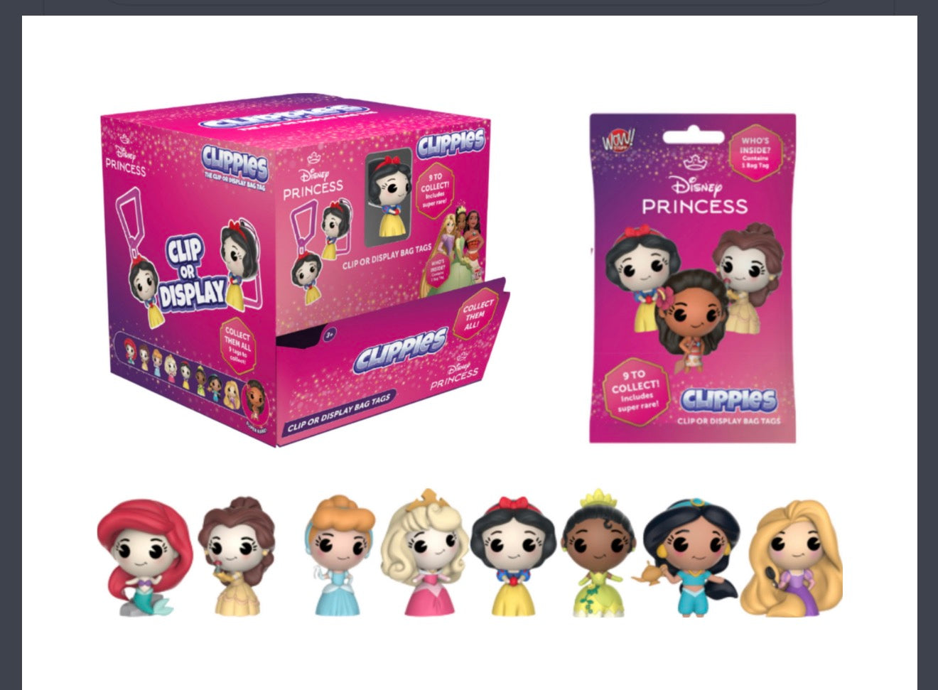 Disney Princess Clippies Mystery Bag Tag | Official Disney Blind Bag Collectible | 9 Characters to Collect