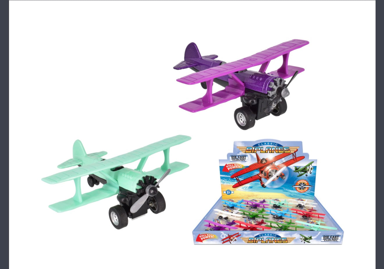 Classic Diecast Pull Back Biplane | Metal Toy Aeroplane with Spinning Propeller | Random Colour