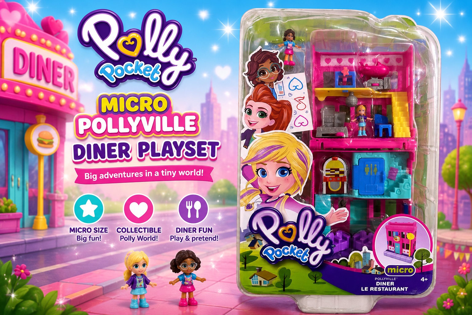 Polly Pocket Micro Pollyville Diner Playset – Mini Doll House Toy Set for Kids