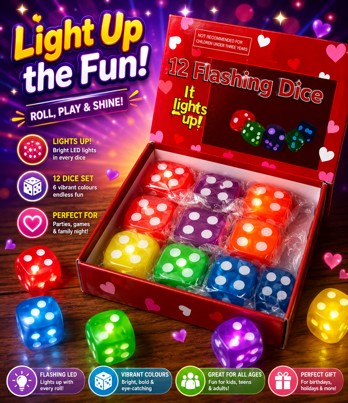 LED Flashing Dice Set – 12 Light Up Dice in Assorted Colours