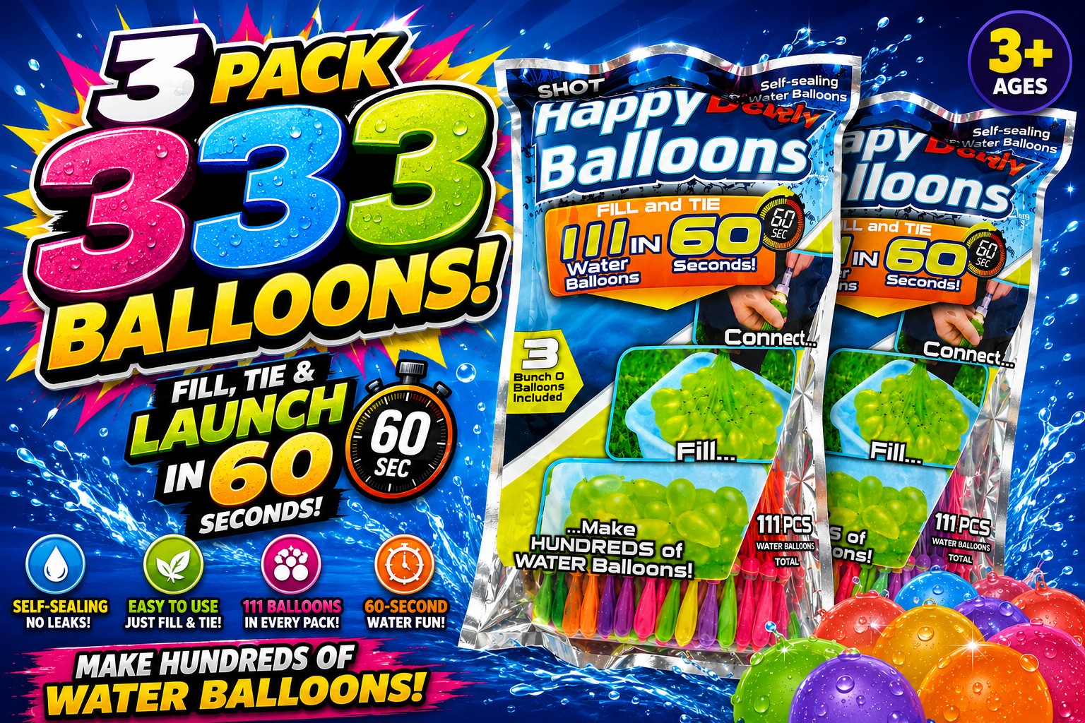 Get ready for the ultimate summer splash! Fill, tie and launch up to 333 colourful water balloons in around 60 seconds with these self-sealing water balloon packs.