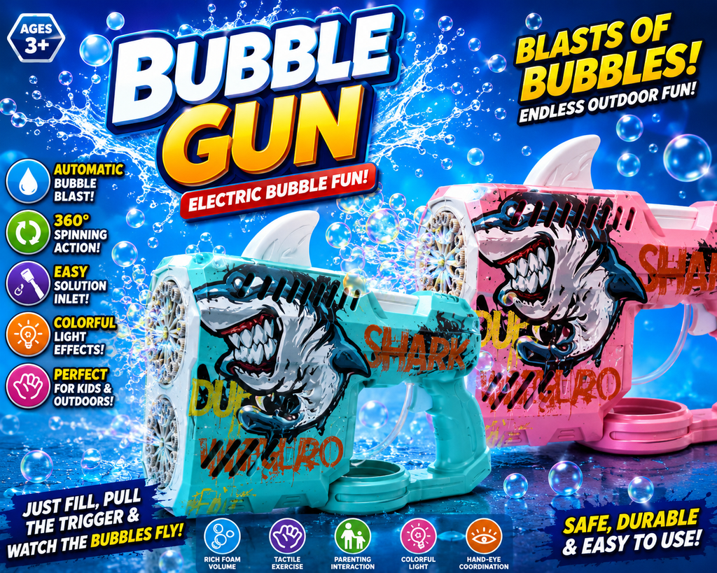 Create thousands of bubbles at the pull of a trigger! This electric Shark Bubble Gun features automatic bubble blasting, colourful LED lights and endless outdoor fun for children.