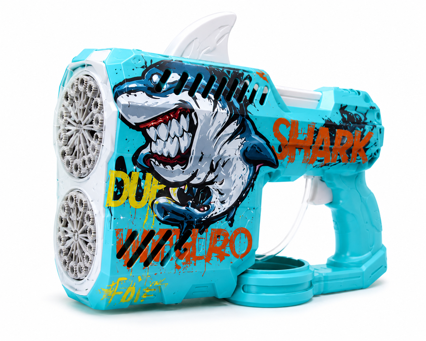 Create thousands of bubbles at the pull of a trigger! This electric Shark Bubble Gun features automatic bubble blasting, colourful LED lights and endless outdoor fun for children.