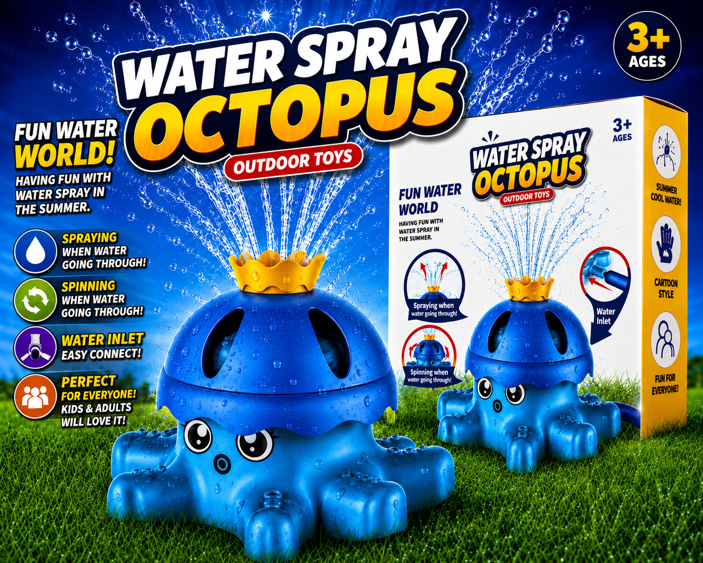 water sprinkler, octopus sprinkler, garden water toy, outdoor toys, water, summer toys, garden games, kids sprinkler, splash toy, family garden fun, fun toy shop
