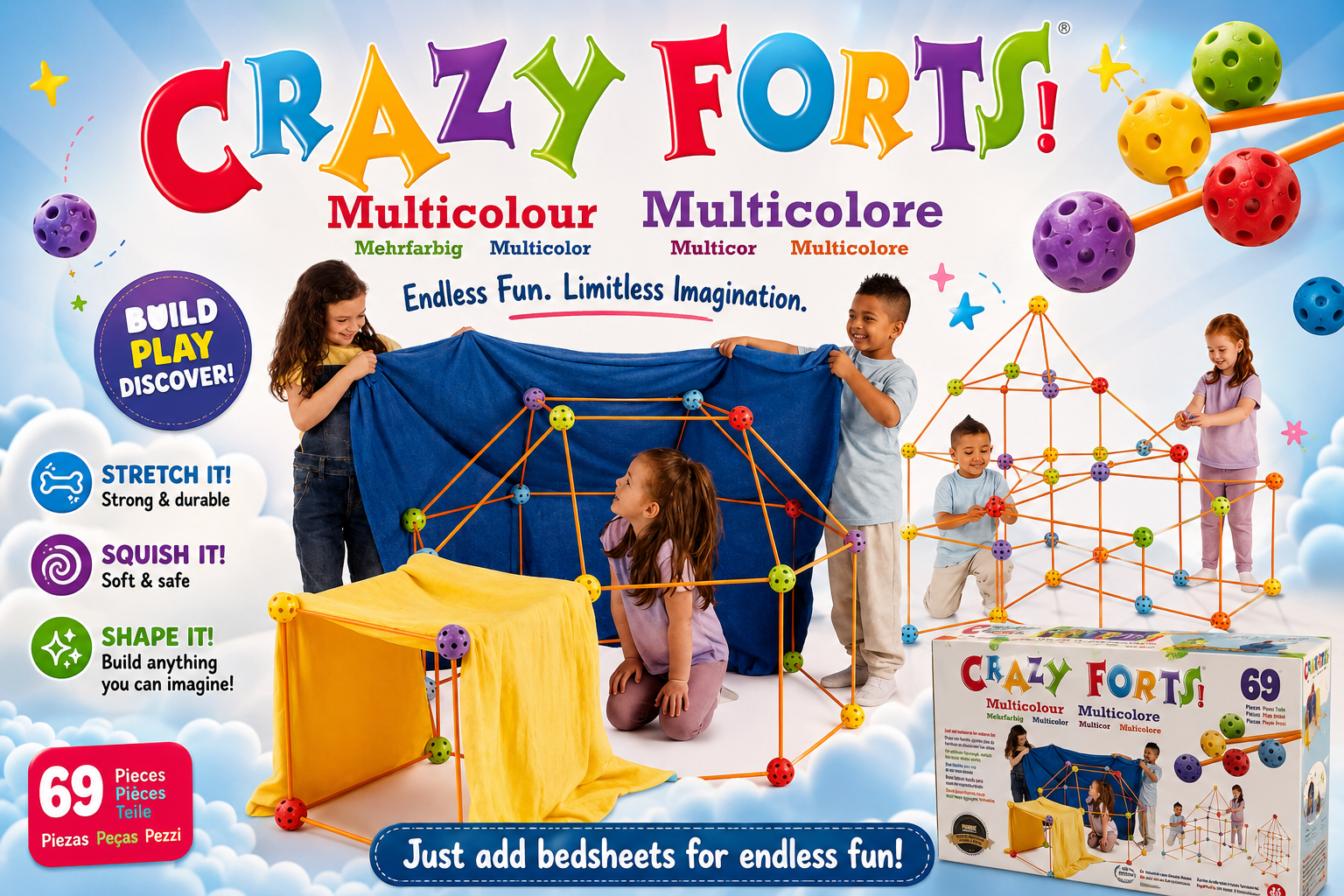 Crazy Forts 69 Piece Building Kit | Creative Construction Fort Building Set | STEM Toy | Ages 5+