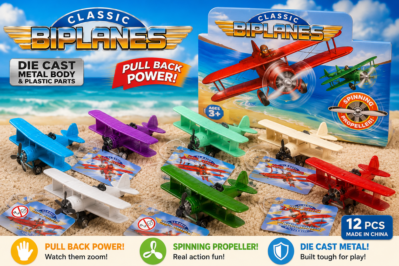 Classic Diecast Pull Back Biplane | Metal Toy Aeroplane with Spinning Propeller | Random Colour