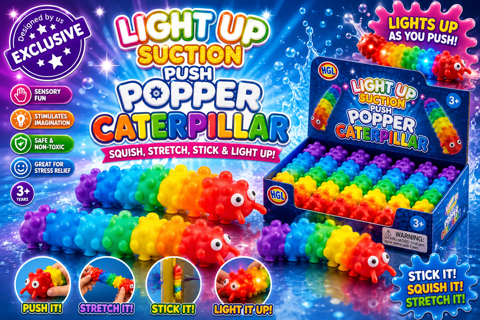 LIGHT UP SUCTION PUSH POPPER RAINBOW CATERPILLAR