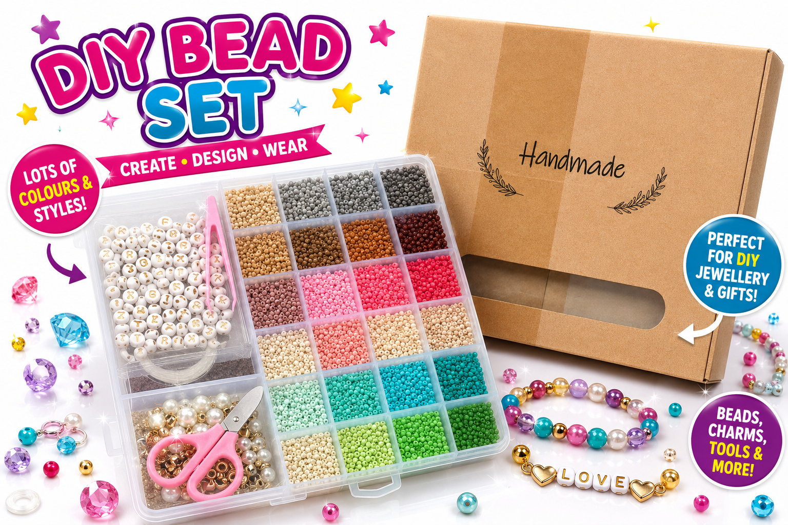 DIY Bead Set | Jewellery Making Kit with Alphabet Beads, Colourful Beads & Accessories | Creative Craft Kit for Kids
