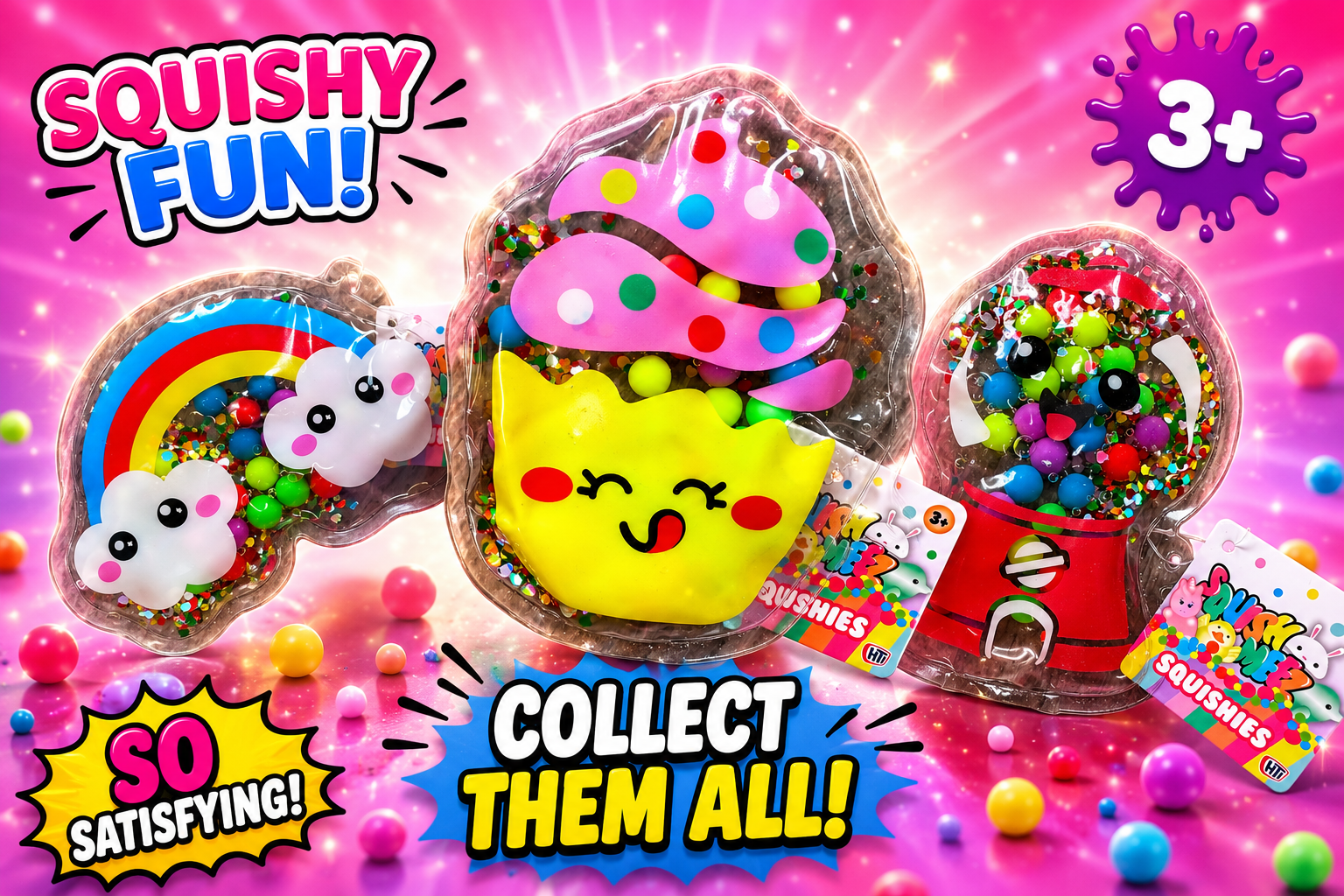 Squishy Squeeze Sensory Toy | Glitter Water-Filled Squishy | Rainbow, Gumball Machine & Cupcake Designs | Ages 3+