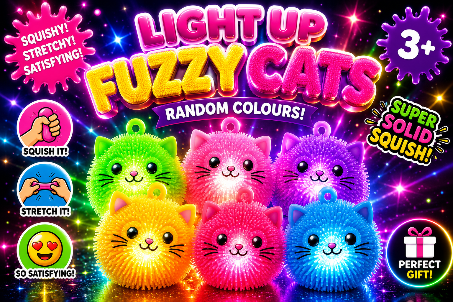 Light Up Fuzzy Cats – Flashing Stretchy Sensory Toy | Random Colour | 3+