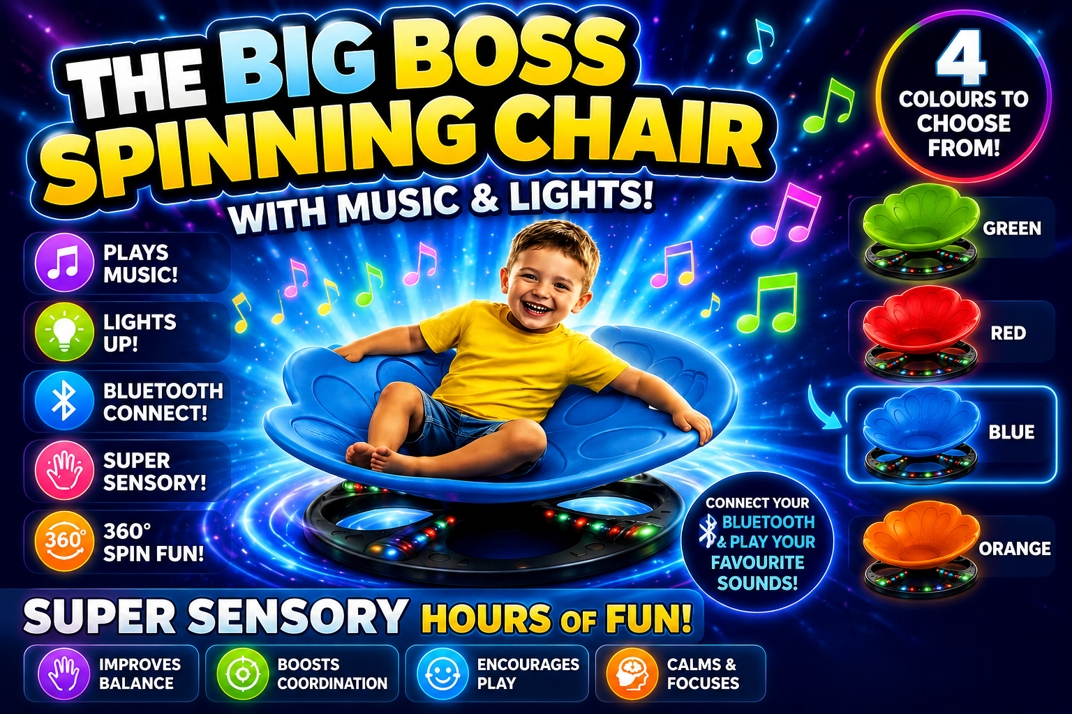The Big Boss Spinning Chair | Light Up Sensory Spinning Chair | Music & Bluetooth | 4 Colours