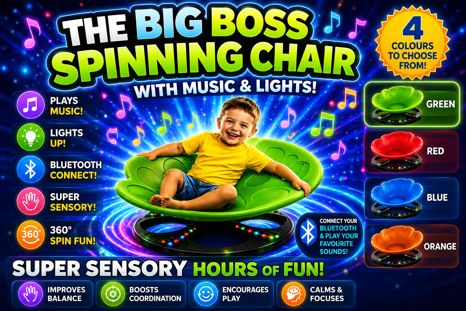 The Big Boss Spinning Chair | Light Up Sensory Spinning Chair | Music & Bluetooth | 4 Colours