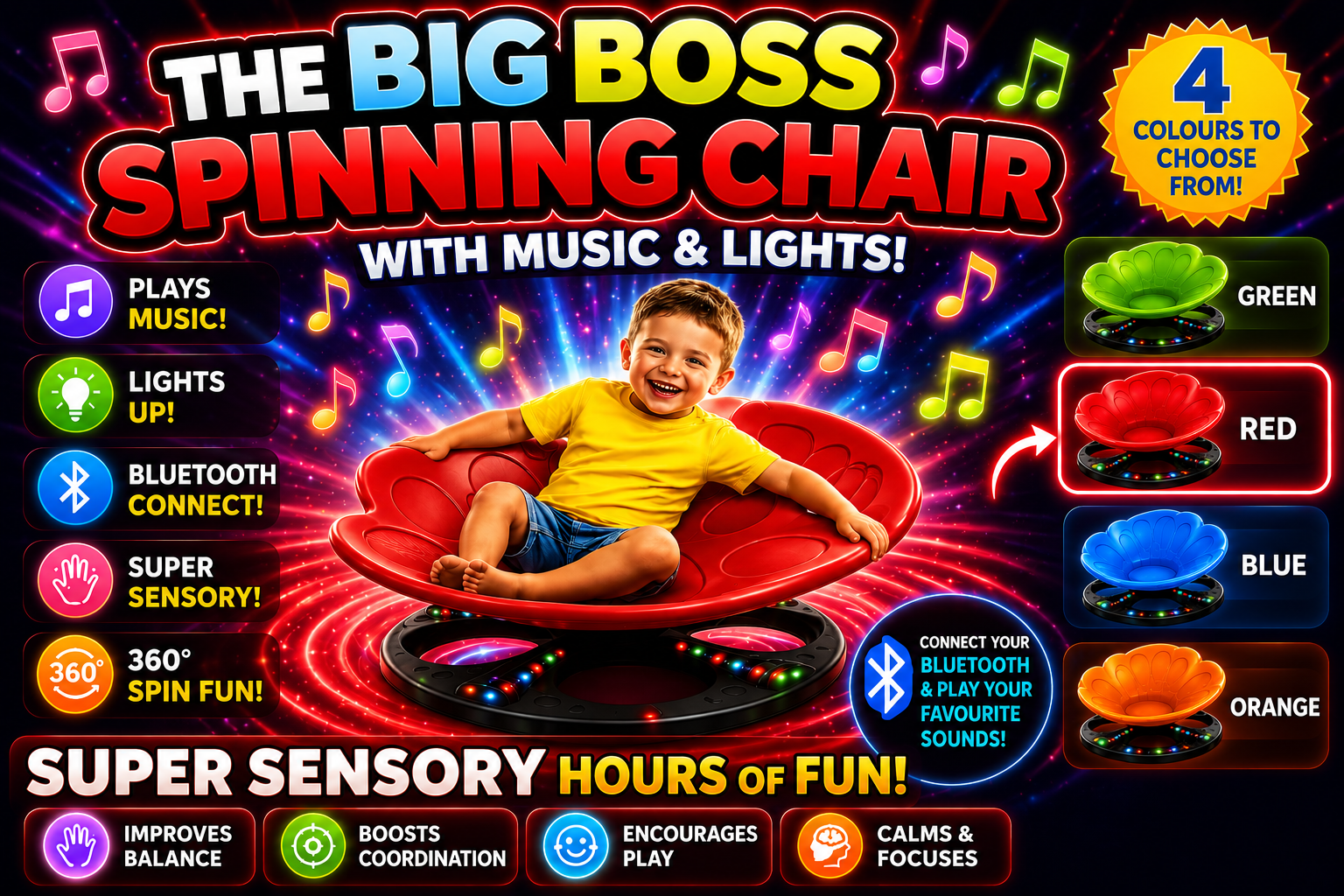 The Big Boss Spinning Chair | Light Up Sensory Spinning Chair | Music & Bluetooth | 4 Colours