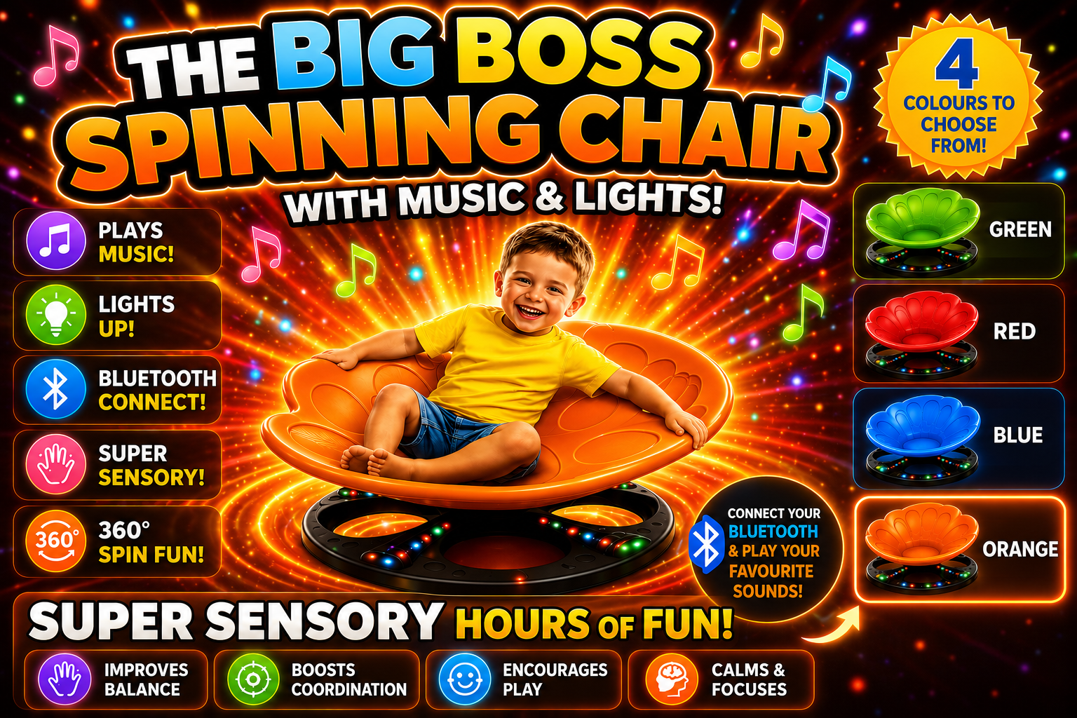 The Big Boss Spinning Chair | Light Up Sensory Spinning Chair | Music & Bluetooth | 4 Colours