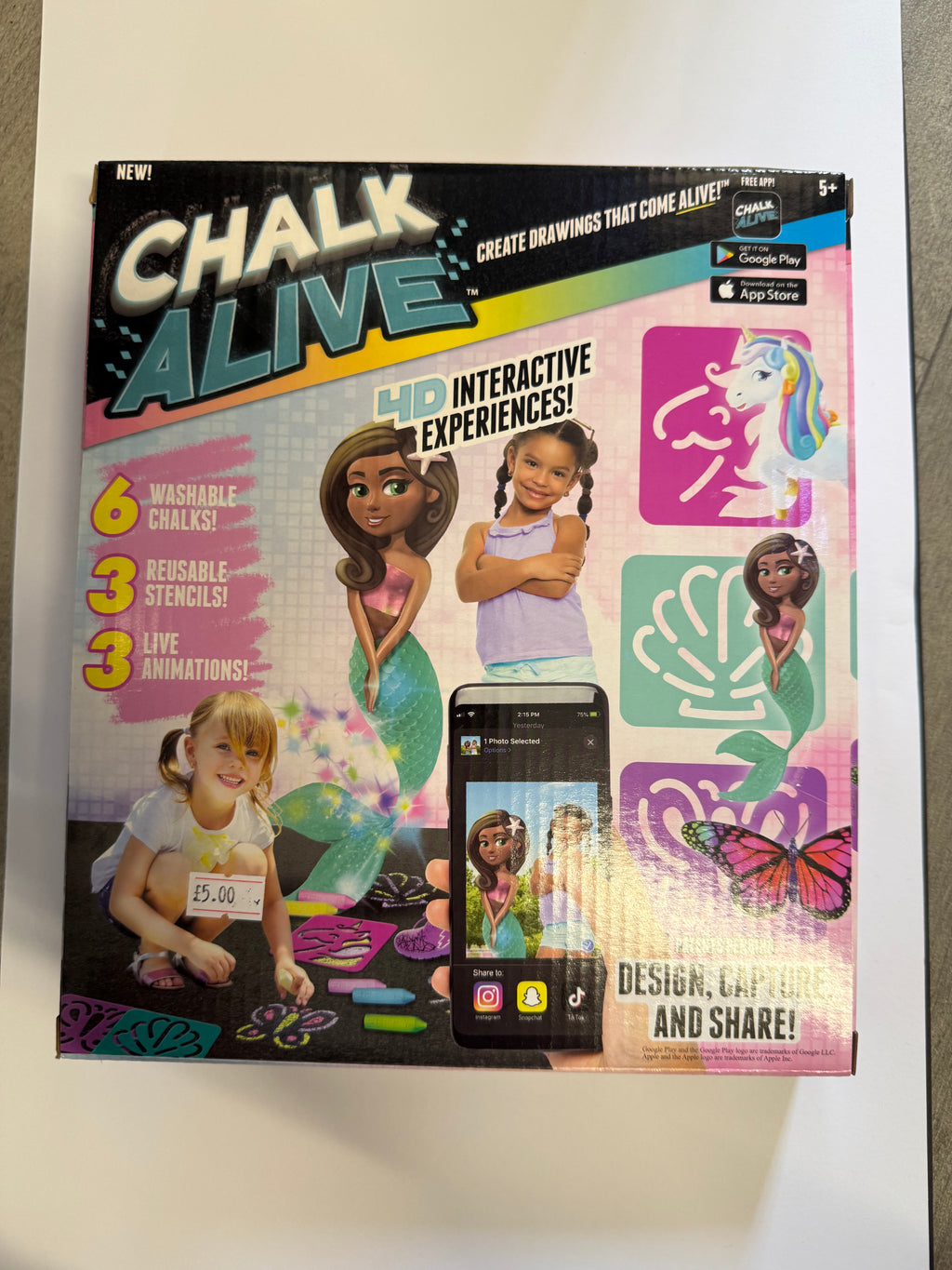 Chalk Alive 4D Interactive Chalk Set – Unicorn | 6 Washable Chalks & 3 Reusable Stencils | Ages 5+
