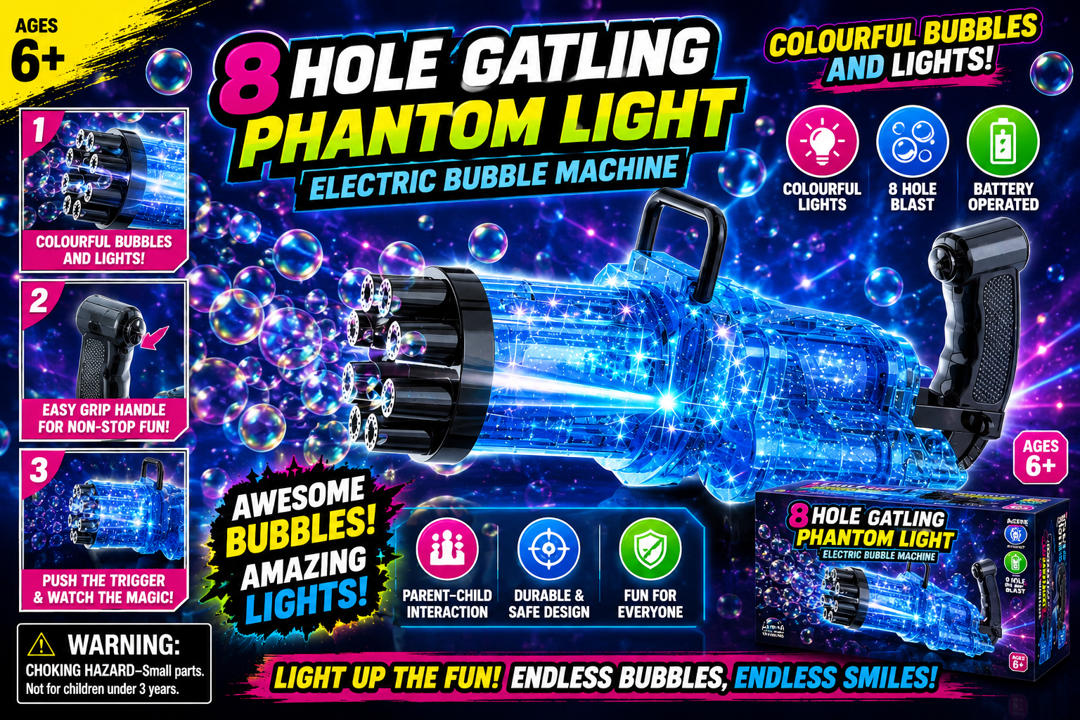 8 Hole Gatling Phantom Light Bubble Machine | Automatic Bubble Blaster with LED Lights | Ages 6+