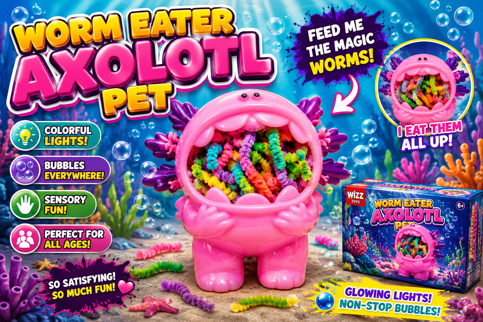 Worm Eater Axolotl Pet | Light Up Bubble & Sensory Toy | Interactive Fidget Toy | Ages 6+