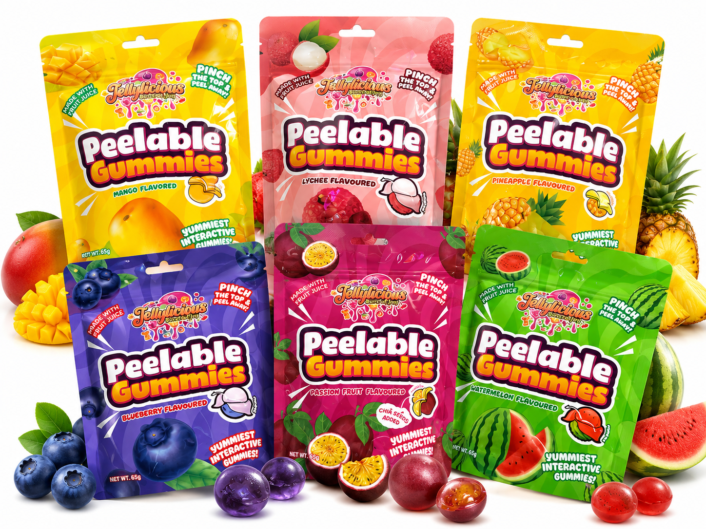 Jellylicious Peelable Gummies | Interactive Fruit Flavoured Gummy Sweets | 65g | Assorted Flavours