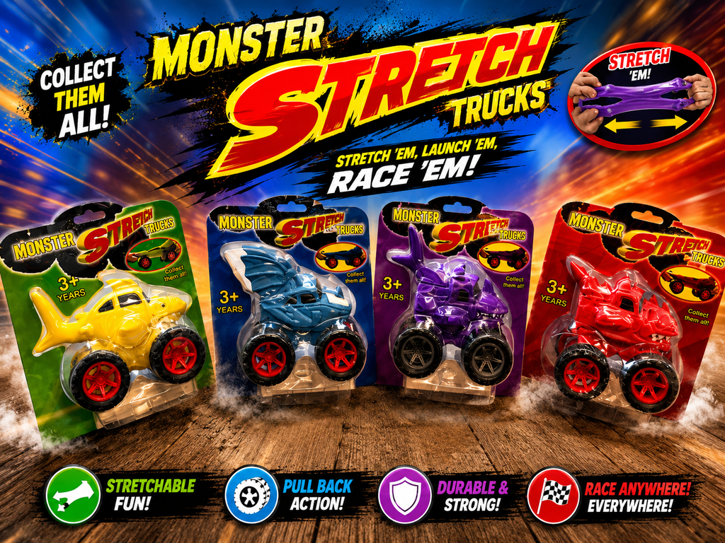 Monster Stretch Trucks | Stretchy Pull Back Monster Vehicle | Sensory Fidget Toy | Assorted Designs