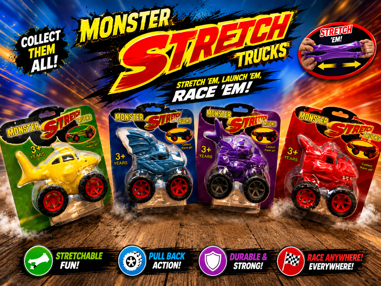 Monster Stretch Trucks | Stretchy Pull Back Monster Vehicle | Sensory Fidget Toy | Assorted Designs