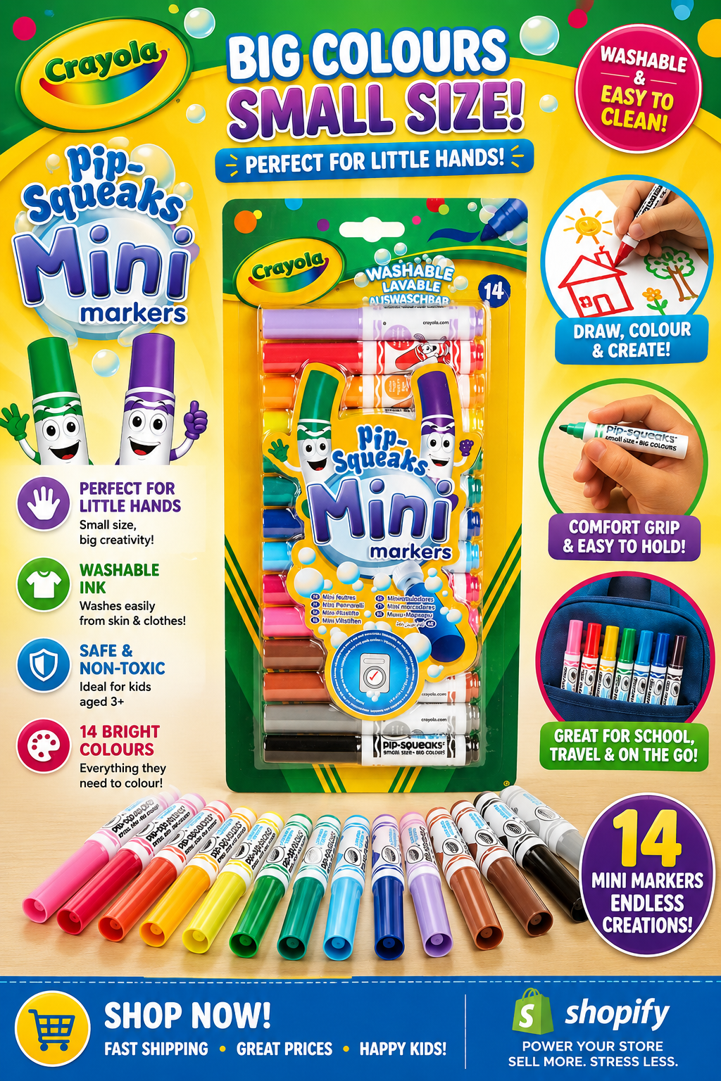 Crayola Pip-Squeaks Mini Markers | 14 Washable Mini Felt Tip Pens | Kids Colouring Set