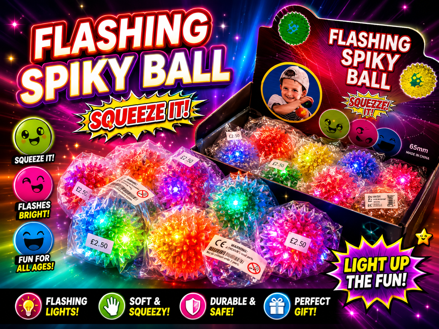Flashing Spiky Light Up Ball – Sensory Flashing Squeeze Toy | Soft Spiky Fidget Ball | Assorted Colours