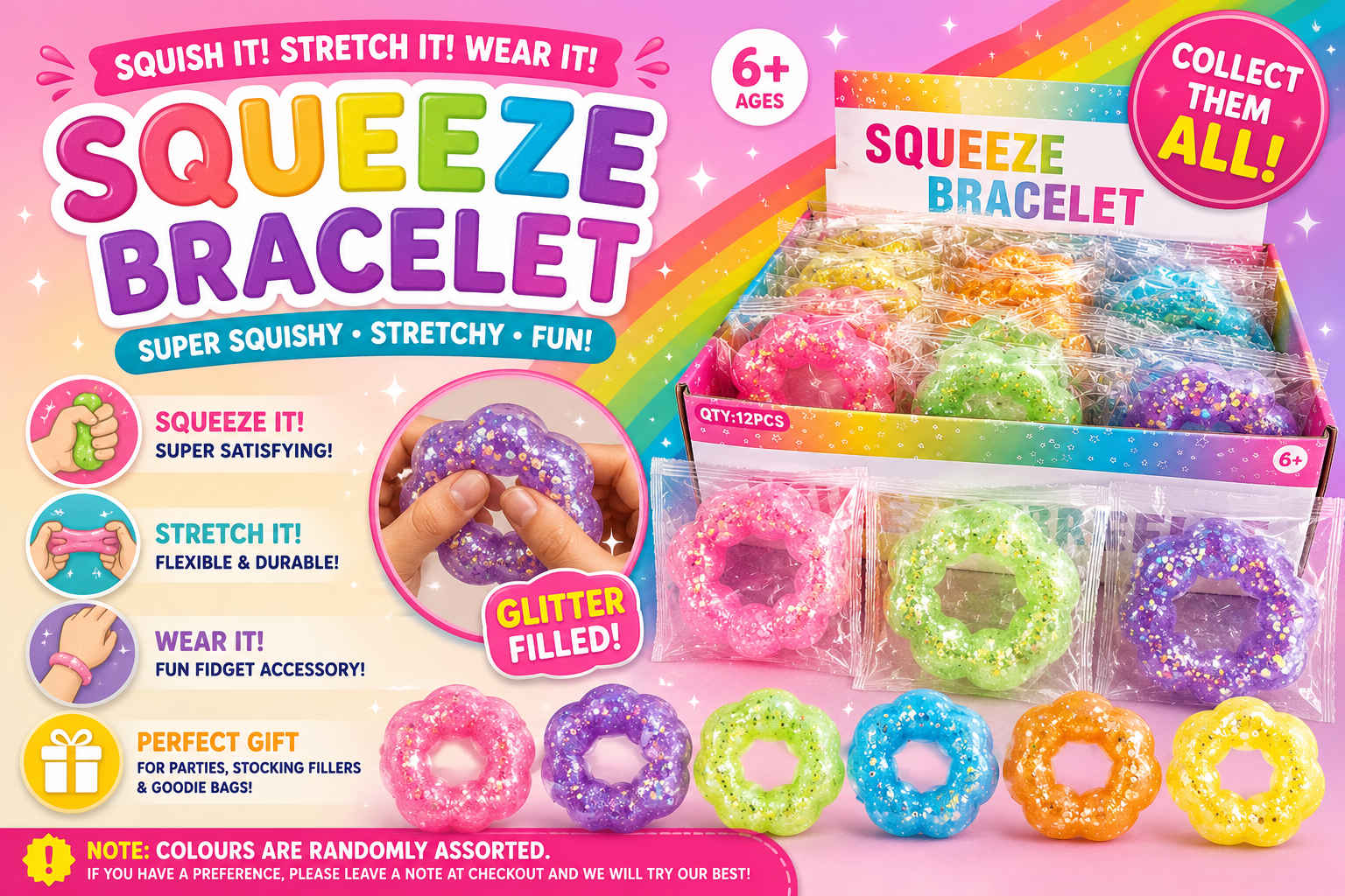 Glitter Squeeze Bracelet | Squishy Stretchy Fidget Bracelet | Random Colour | Sensory Toy | Ages 6+
