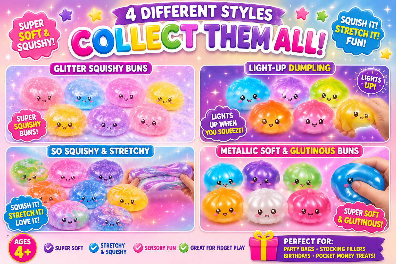 Squishy dumplings Fidget Collection – 4 Different Styles | Stretchy, Soft & Sensory Toys | Collect Them All!