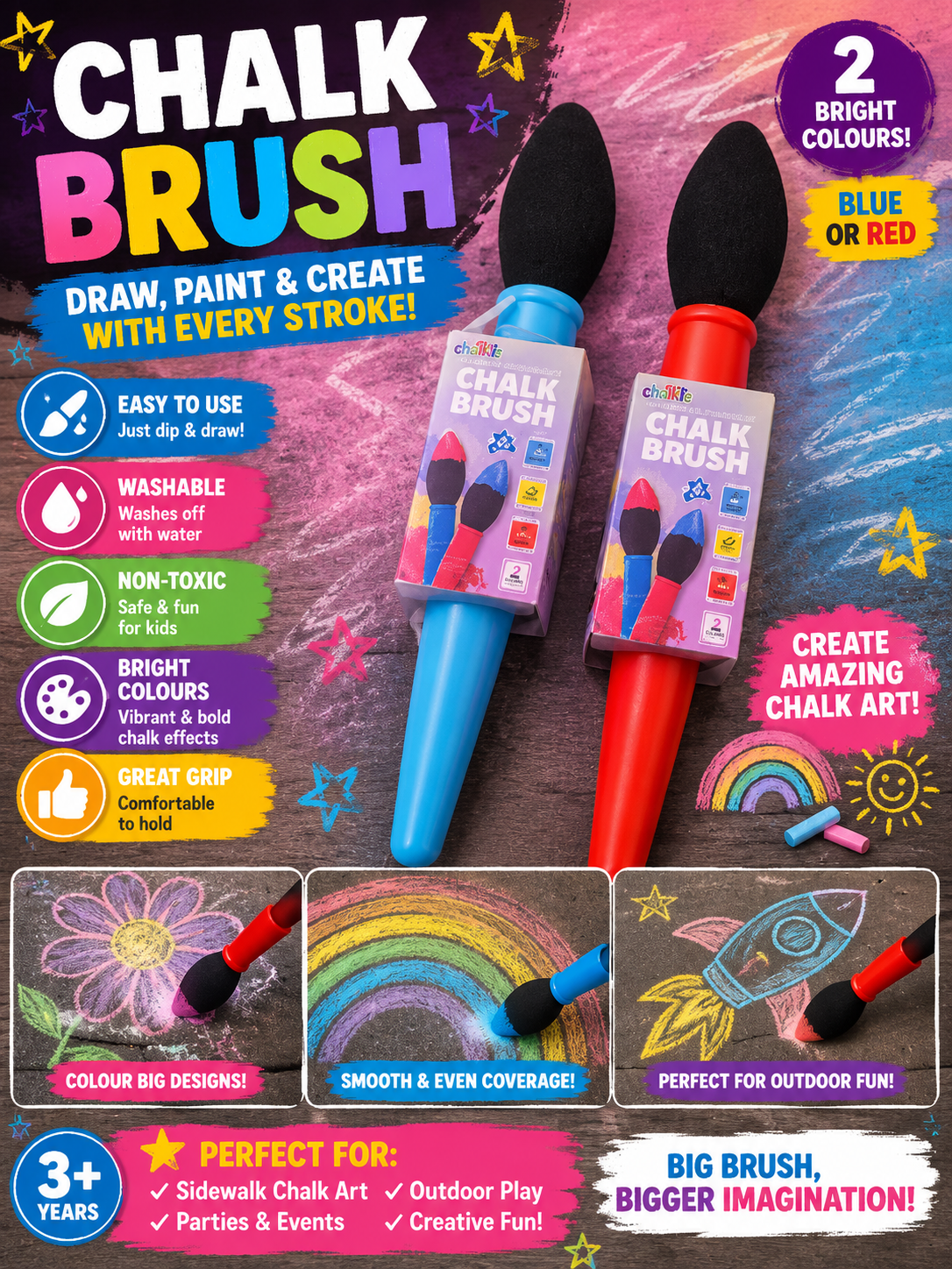 Jumbo Pavement Chalk Brush | Outdoor Sidewalk Chalk Paint Brush | Red or Blue | Kids Creative Toy