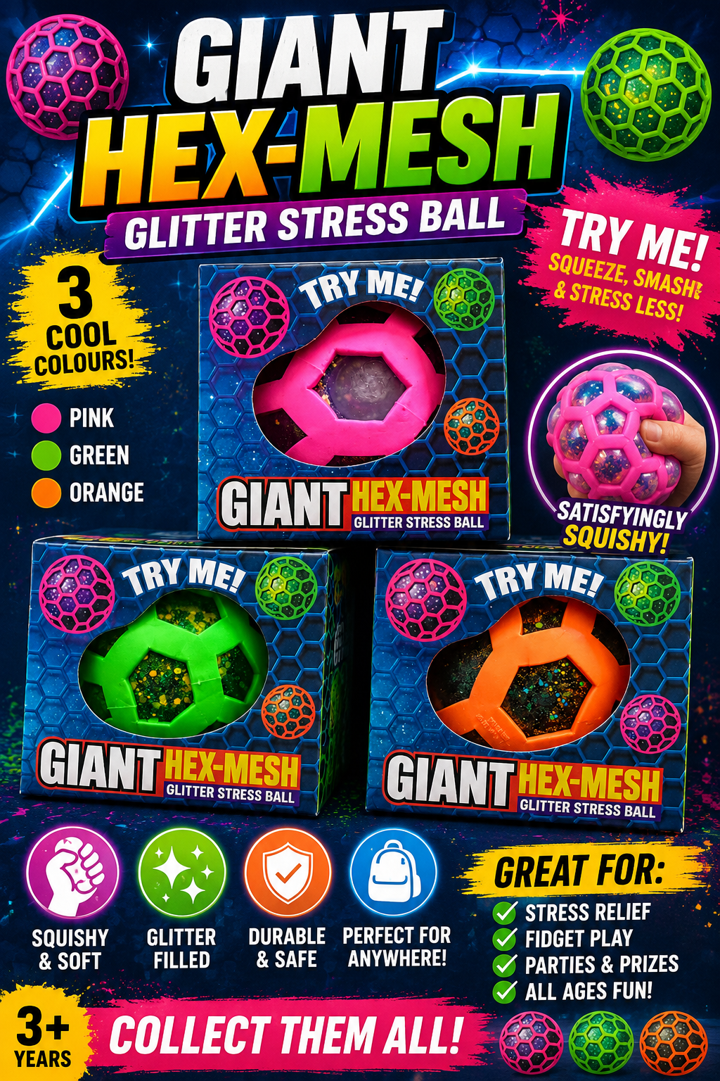 Giant Hex-Mesh Glitter Stress Ball | Squishy Sensory Fidget Ball | Assorted Colours
