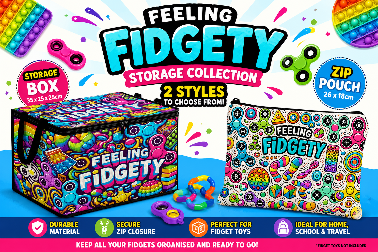 Feeling Fidgety Storage Box & Zip Pouch – 2 Styles Available | Fidget Toy Organiser