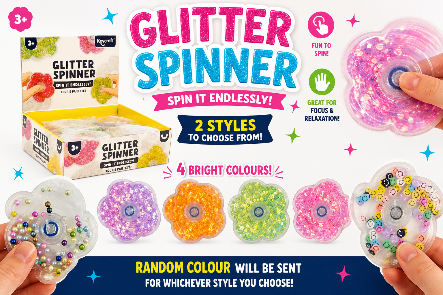 Fidget Spinners – 2 Styles to Choose From glitter  and smile faces