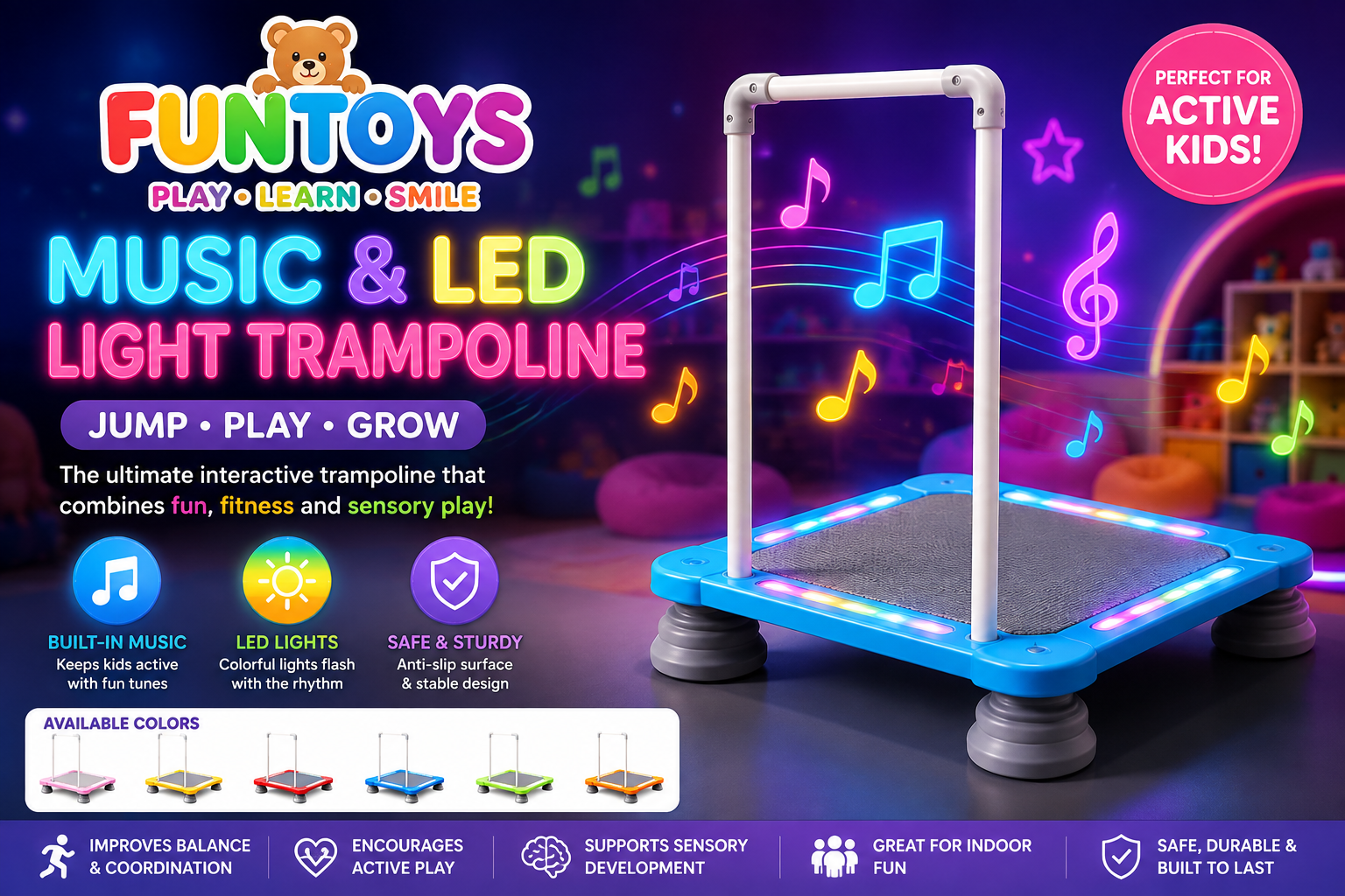Music & LED Light Trampoline | Sensory Indoor Kids Trampoline with Handle