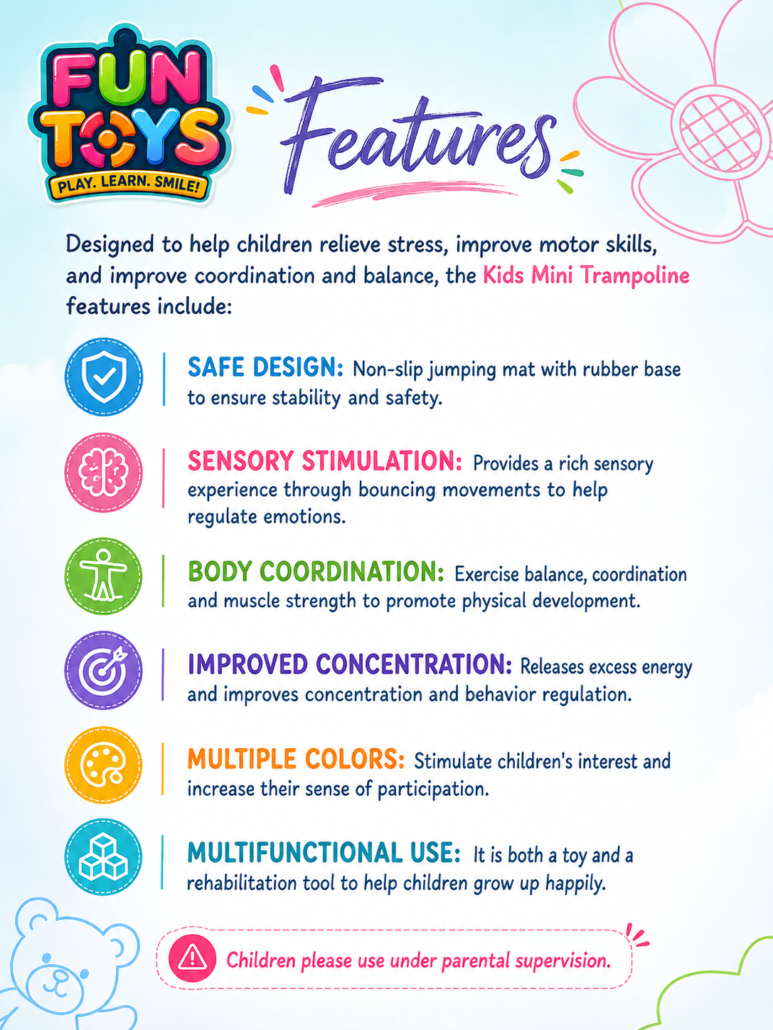 Music & LED Light Trampoline | Sensory Indoor Kids Trampoline with Handle
