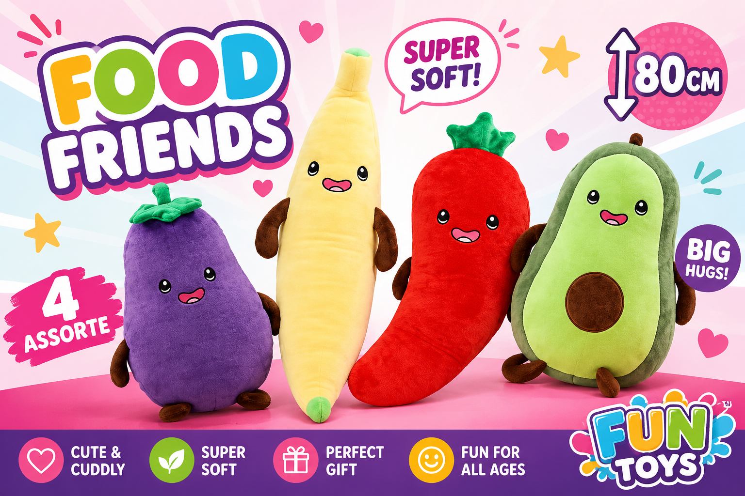 Food Friends 80cm Plush – 4 Assorted Giant Soft Toys