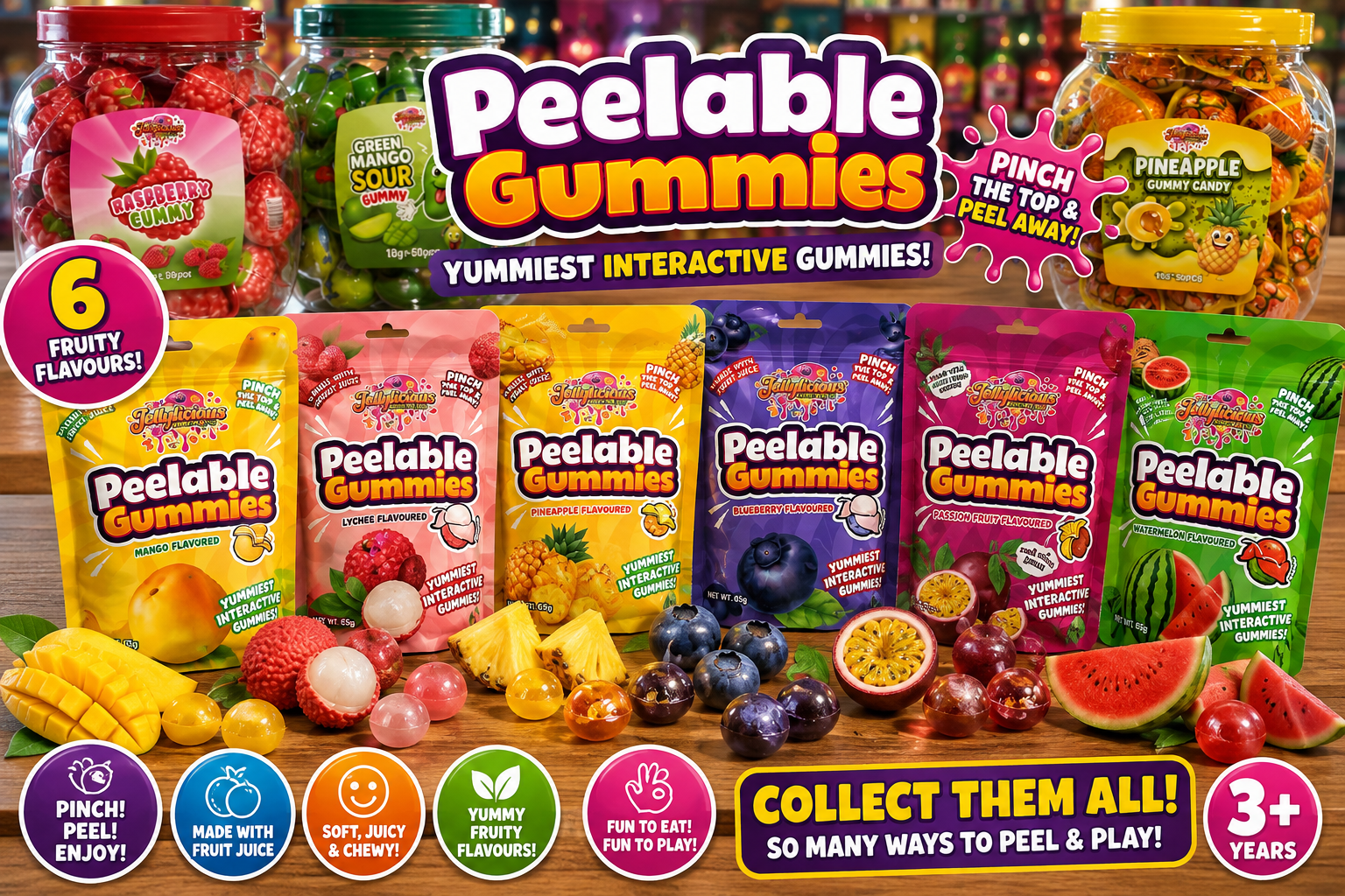 Jellylicious Peelable Gummies | Interactive Fruit Flavoured Gummy Sweets | 65g | Assorted Flavours